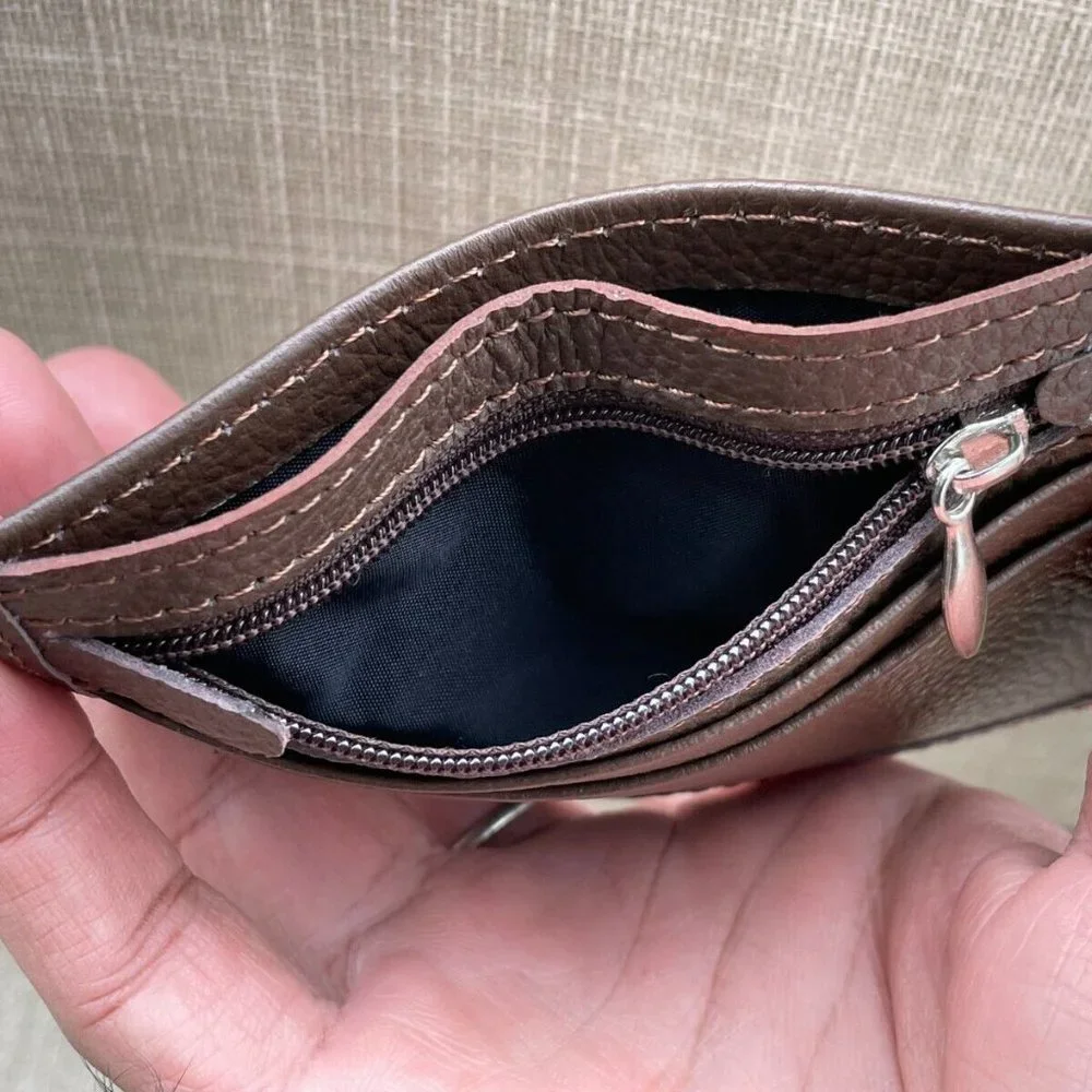 Card Holder Brown Genuine Leather Mini Wallet Zip Handmade Coin Purse New